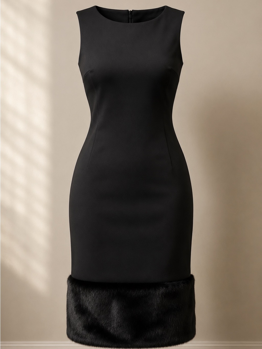 Adrienne Landau Black Sleeveless Sheath Midi with Faux Fur Hem